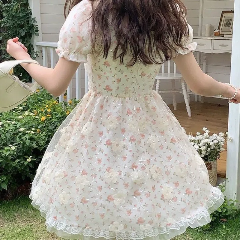 Uveng Mini Dresses Women Tender Sweet Summer Puff Sleeve Princess Vestidos Elegant Ladies Vintage Prairie Chic Fashion Casual