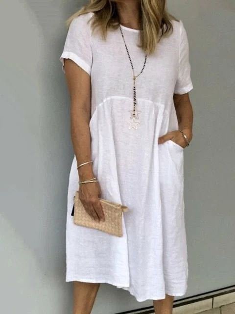 Loose round neck short sleeve cotton and linen dress women's clothing