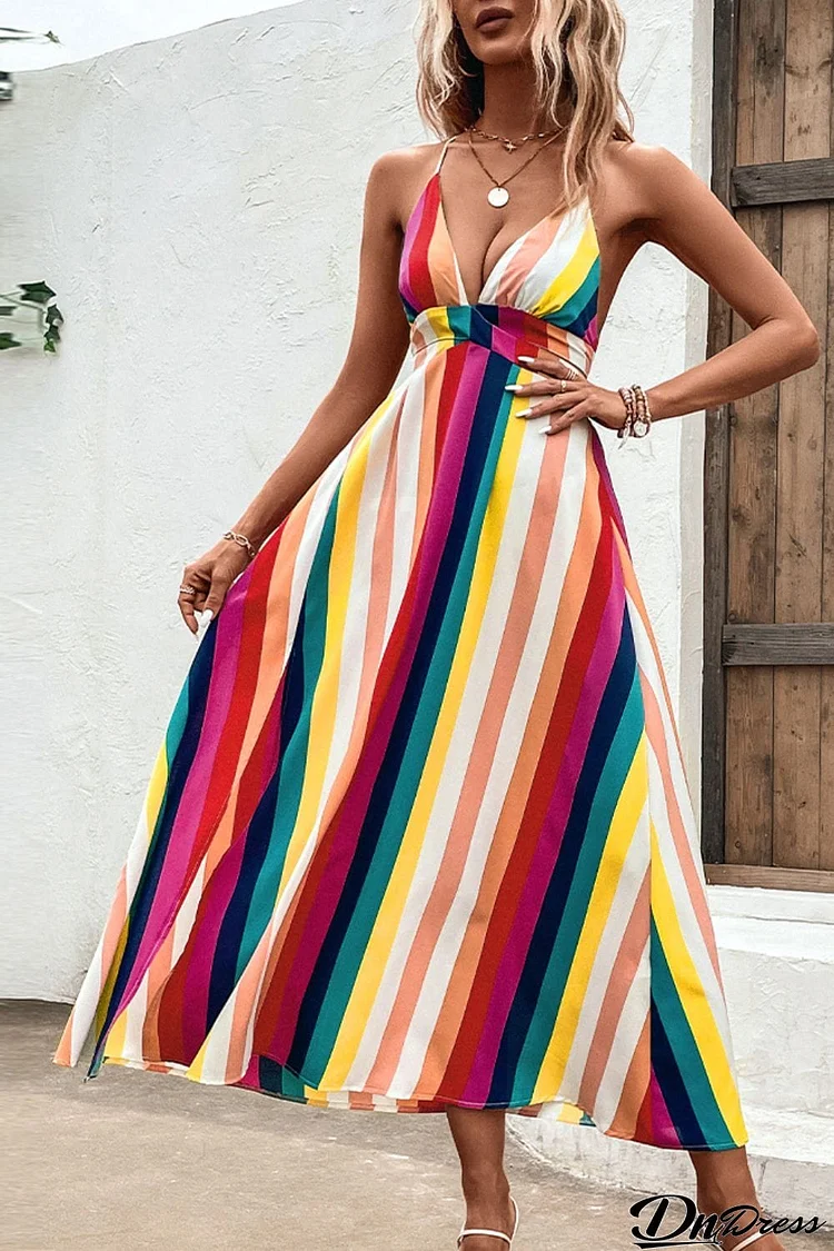 Multicolored Stripe Crisscross Backless Dress