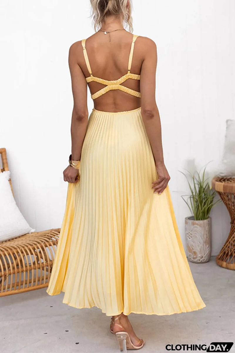 Sexy Solid Color Pleated V Neck Sleeveless Dresses