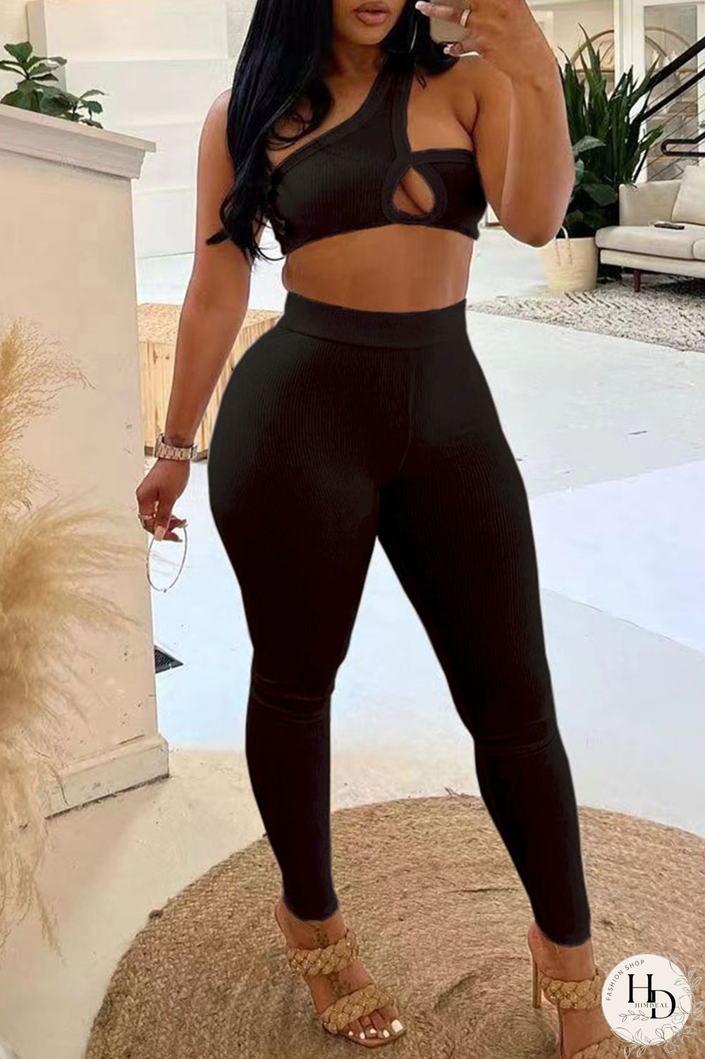 Black Sportswear Solid Patchwork Oblique Collar Sleeveless Two Pieces