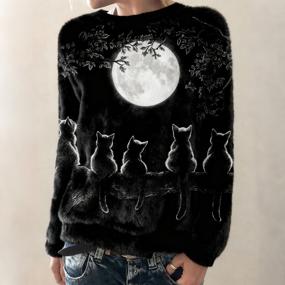 Cute Moon & Cats Pattern Cozy Flannel Sweatshirt elevenforest
