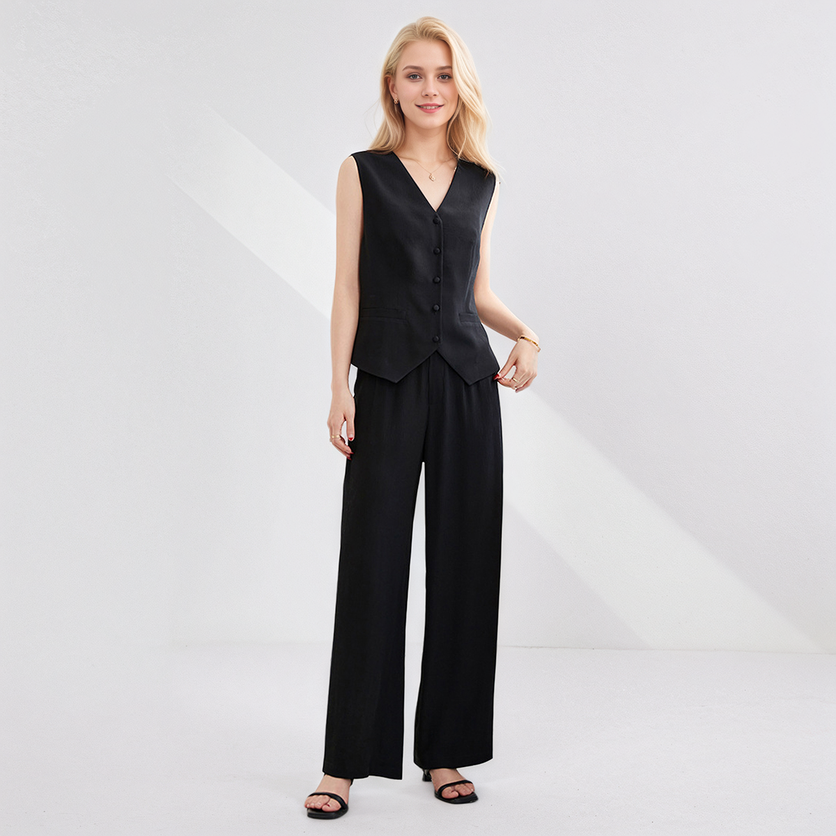 Women's V-Neck Silk Vest Black Silk Wide-Leg Pants  REAL SILK LIFE