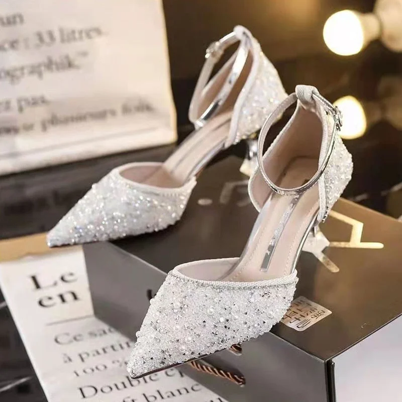 Rimocy Bling Shiny Women Pumps 2022 New Ankle Strap Crystal High Heels Shoes Woman Pointed Toe Thin Heel Wedding Party Shoes