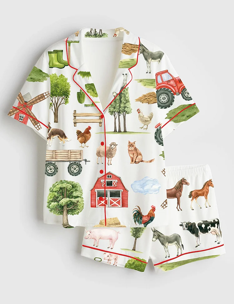 Women&rsquo;s Farm Animals Mill Horse Cow Pig Chickens Donkey Sheep Trees Tractor Barn Short Sleeve Satin Pajama Set