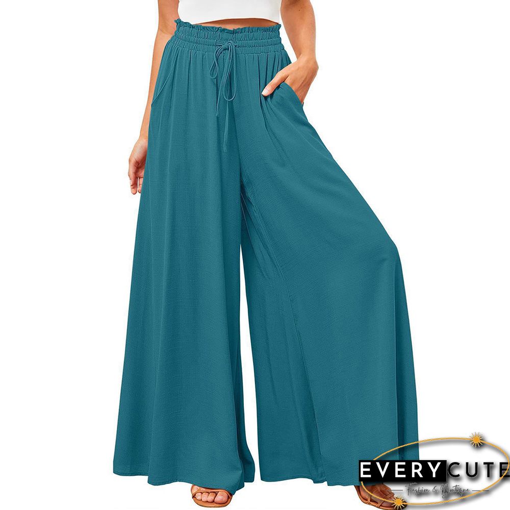 Peacock Blue High Waist Elastic Waistband Long Culottes