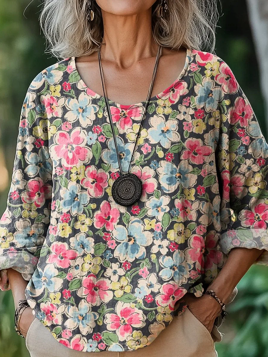 Sweet Retro Floral Pattern Printed Women's Casual Cotton And Linen Shirt