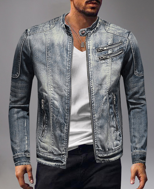 Casual Stand Collar Slant Pocket Denim Zipper Jacket