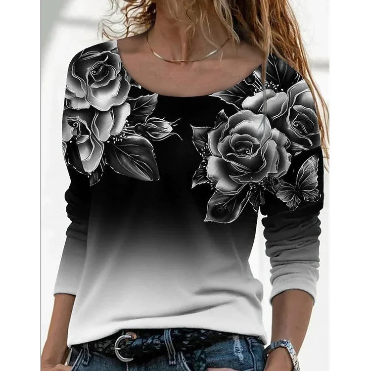 Uveng Long Digital Printing Sleeve Loose Neck Casual Pullover Print T-shirt