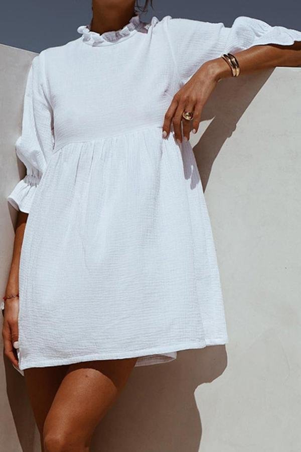 Womens Romantic Casual Fungus  White Mini Dress-Allyzone-Allyzone