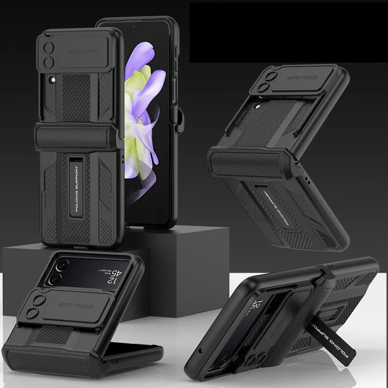 Armor Magnetic Hinge Phone Case With Lens Push Protection Cover And Kickstand For Galaxy Z Flip4