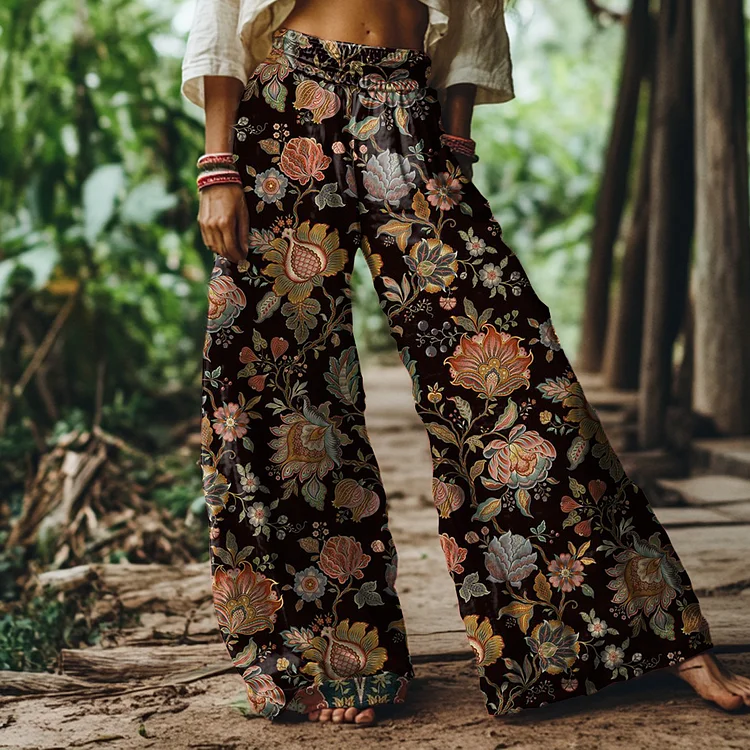 Vintage Ethnic Floral Print Loose Wide-leg Pants