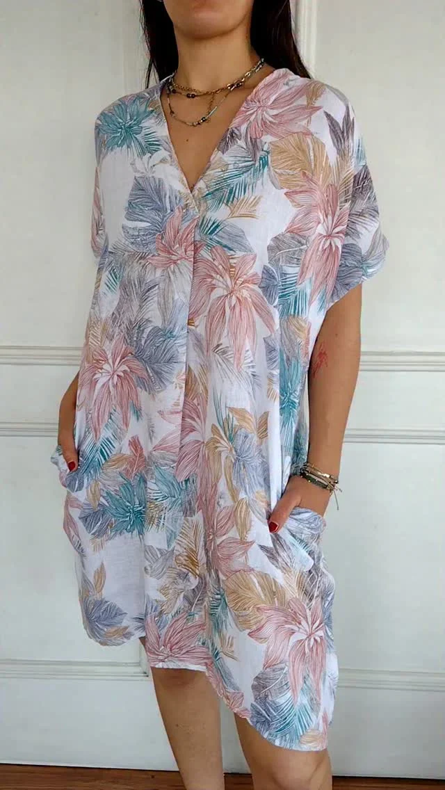 Women's Seaside Resort Floral Tree Pattern Short-Sleeved Cotton And Linen Dress
