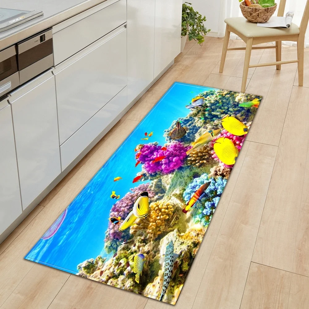 3D Ocean World Fish Carpet Kitchen Mat Entrance Doormat Bedroom Home Floor Decoration Living Room Carpet Bathroom Anti-slip Rug