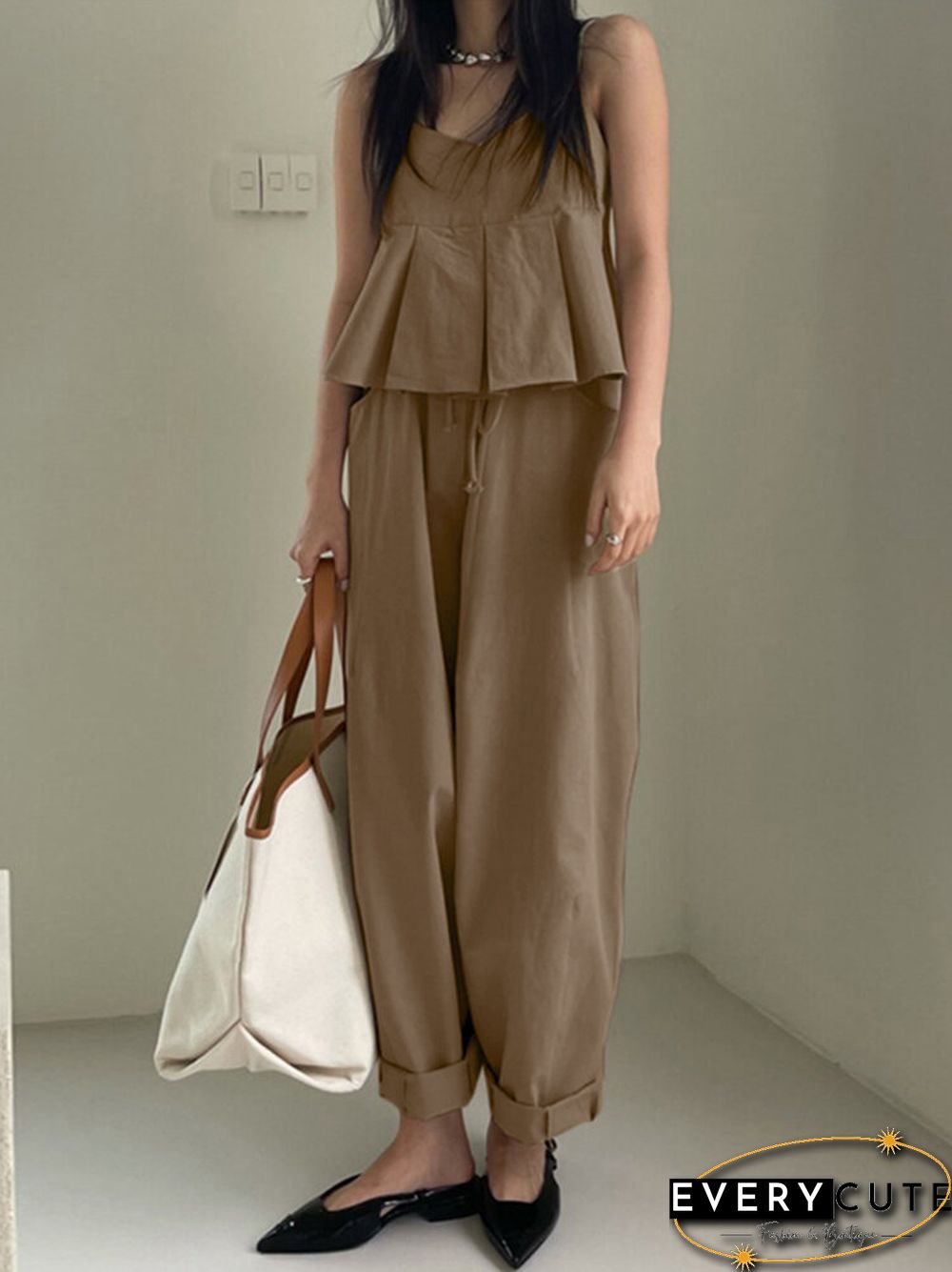 Plain Pleats V Neck Sleeveless Elegant Two Pieces Suit