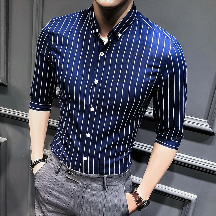 Men's Business Turndown Collar Single Breasted Slim Fit 3/4 Sleeve Striped Shirt