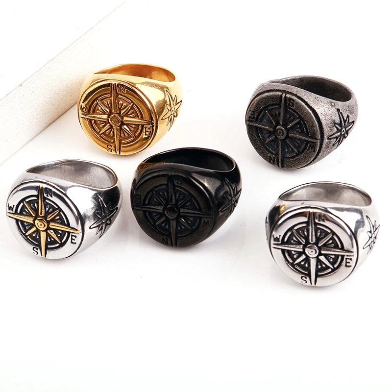 Hip-Hop Compass Titanium Steel Polishing 18K Gold Plated Men's Rings