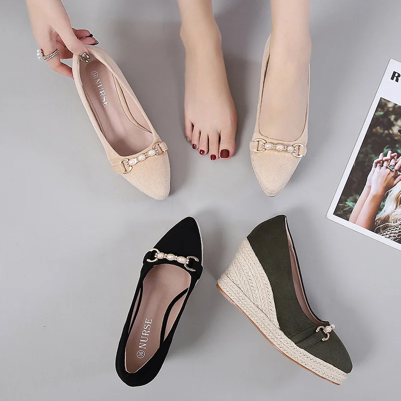 Wongn Wongn And Autumn New Slope Heel Pointed Mouth Thick Bottom Suede Pearl Decoration Grass Hemp Rope High Heel Single Shoes Women