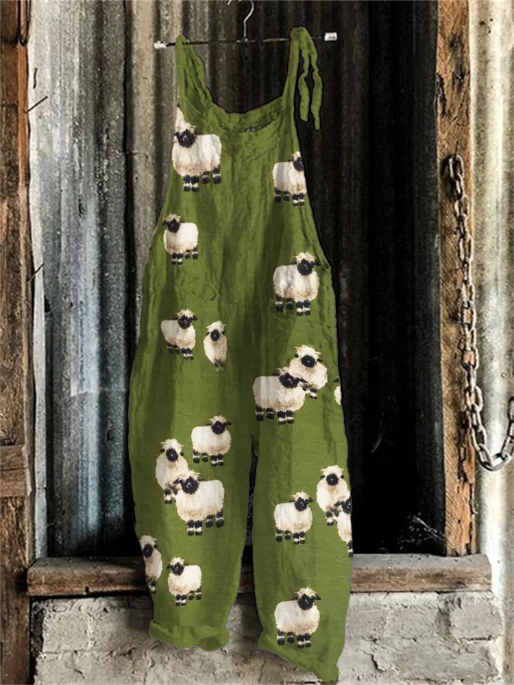 Vintage Blacknose Sheep Pattern Linen Blend Jumpsuit