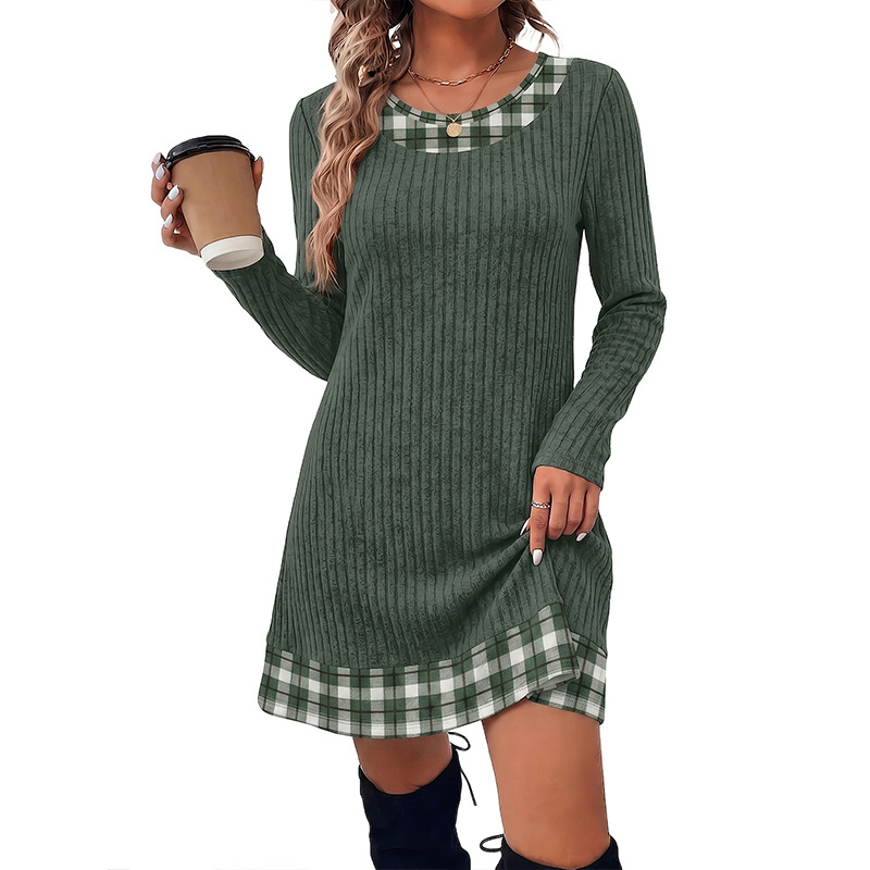 Women's Long Sleeve Plaid Spliced Ribbed Knit Tunic Dress