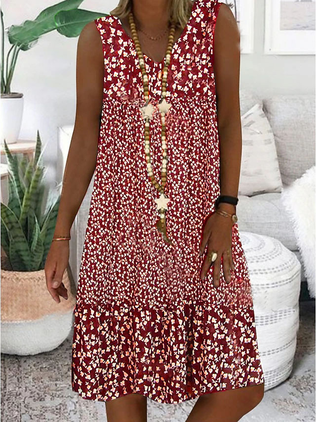 Mature Women Summer V-neck Small Floral Print Sleeveless Dress