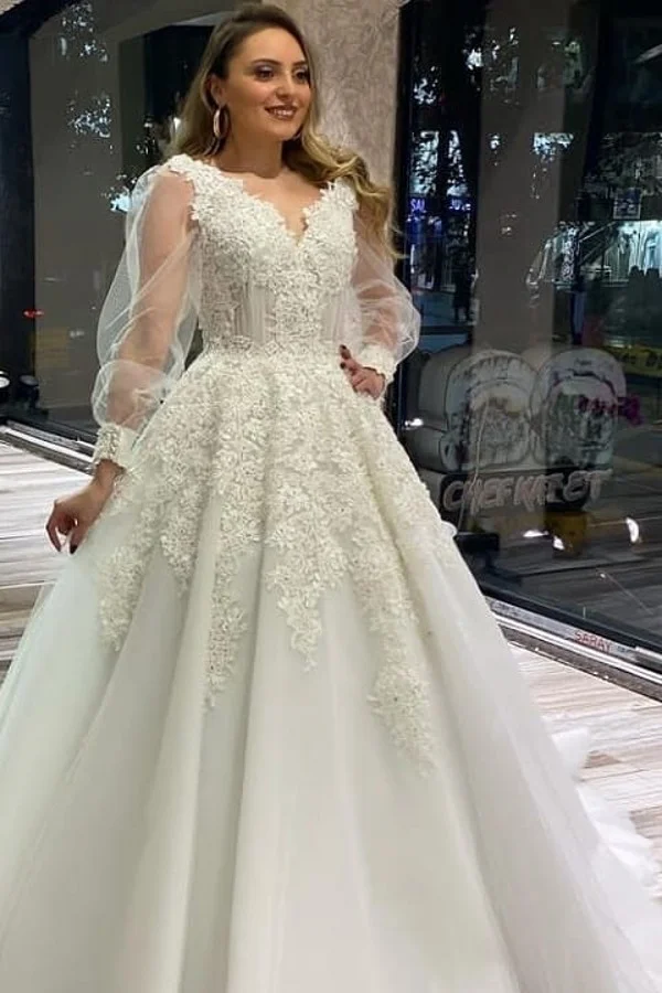 Charming V-neck Appliques Lace Tulle A-Line Wedding Dress With Puffy Long Sleeves | Ballbellas Ballbellas