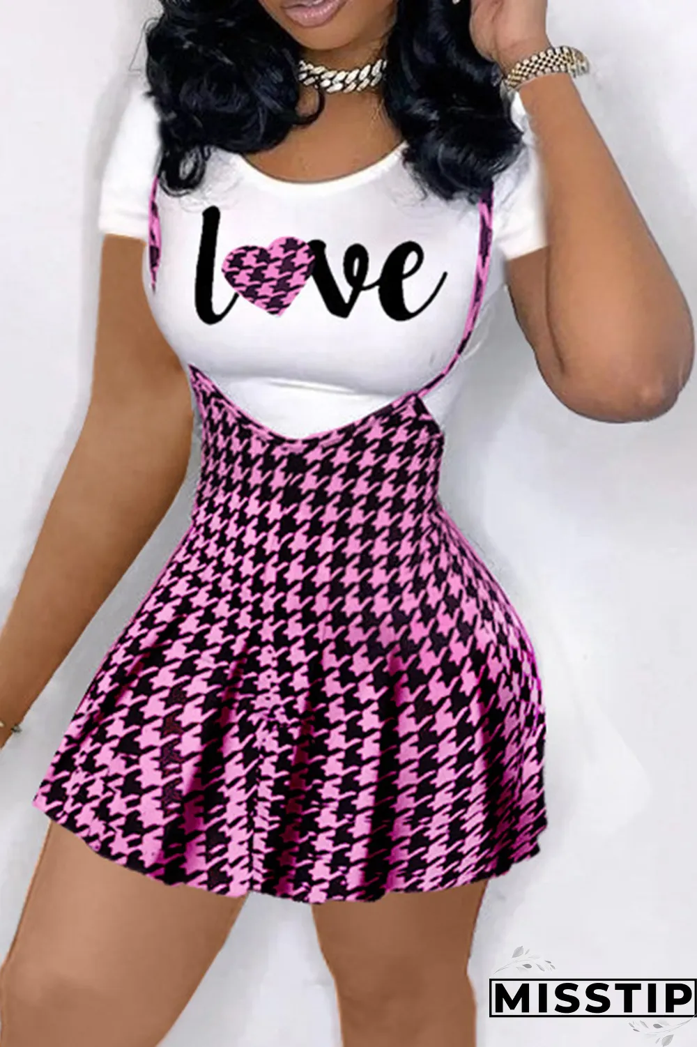 Red Casual Plaid Patchwork O Neck Short Sleeve Two Pieces