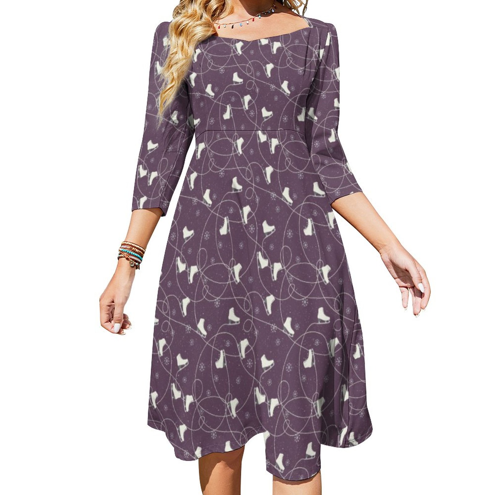 Figure Skates Skating On Eggplant Dress Sweetheart Tie Back Flared 3/4 Sleeve Midi Dresses