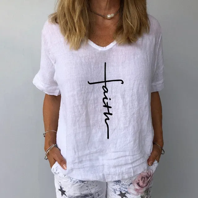 Women Summer Cotton Linen Blouse Casual V Neck Short Sleeve Femme Blouse Shirt New Letter Print 2022 Blusas Womens Tops S-3XL