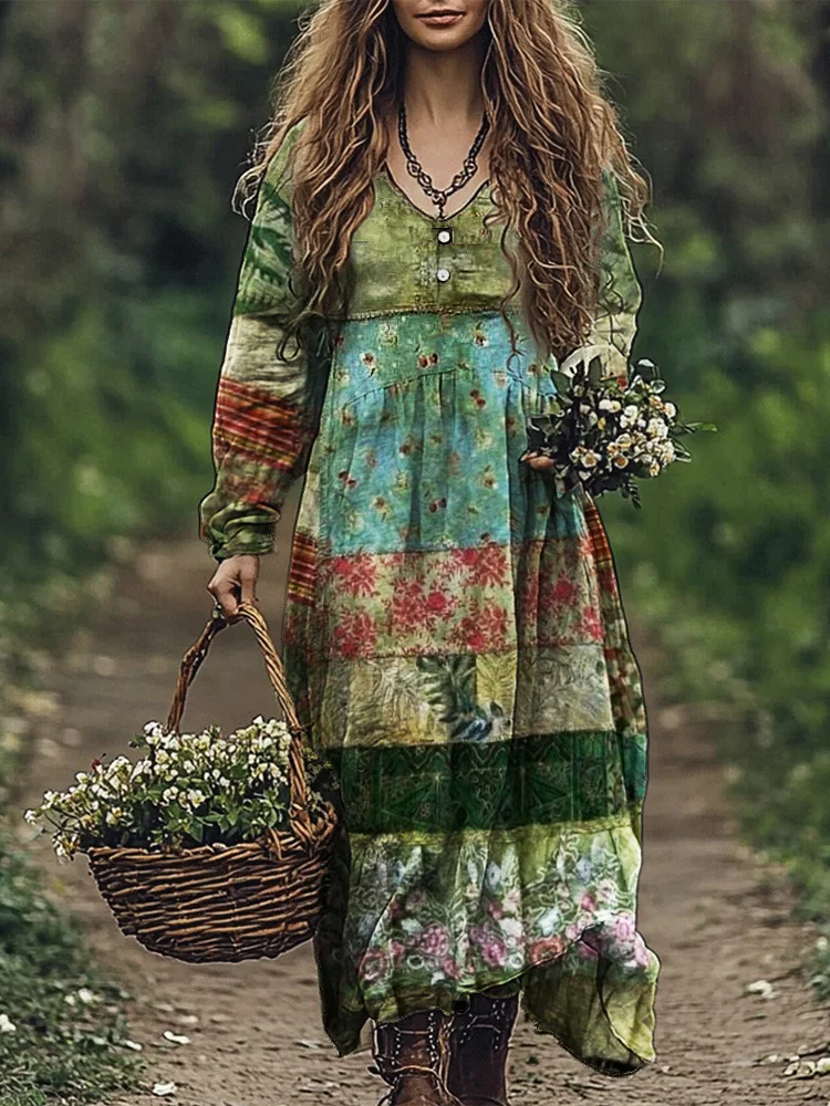 Vintage Cottage Floral Boho Patchwork Linen Blend Maxi Dress