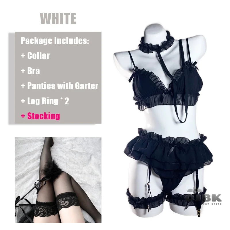 Sexy Pink Lingerie Set Cute Ruffles Costumes Lolita Women Erotic Lace Ladies Kawaii Soft Girl Pajamas Cosplay Outfit Underwear