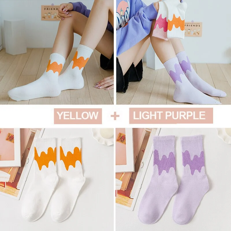 FINETOO 2Pairs/lot Women Midi Tube Socks Female Autumn Winter Candy Colors Korean Japanese Stitching Cotton Girls Graffiti Sock