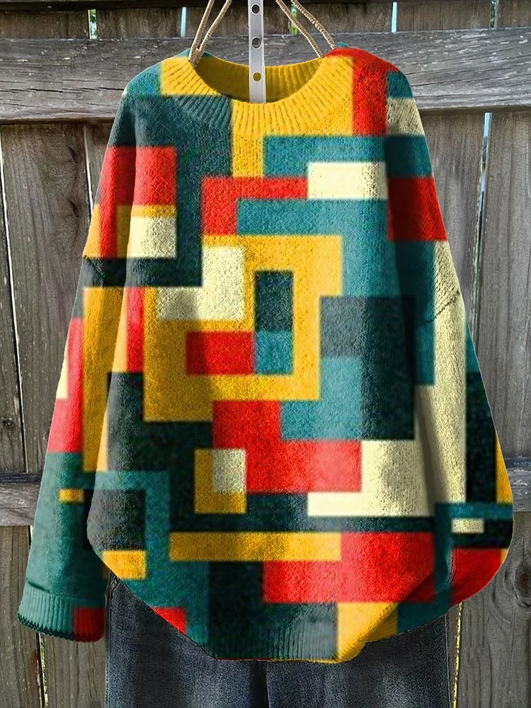 Colorful Abstrct Art Print Knit Pullover Sweater