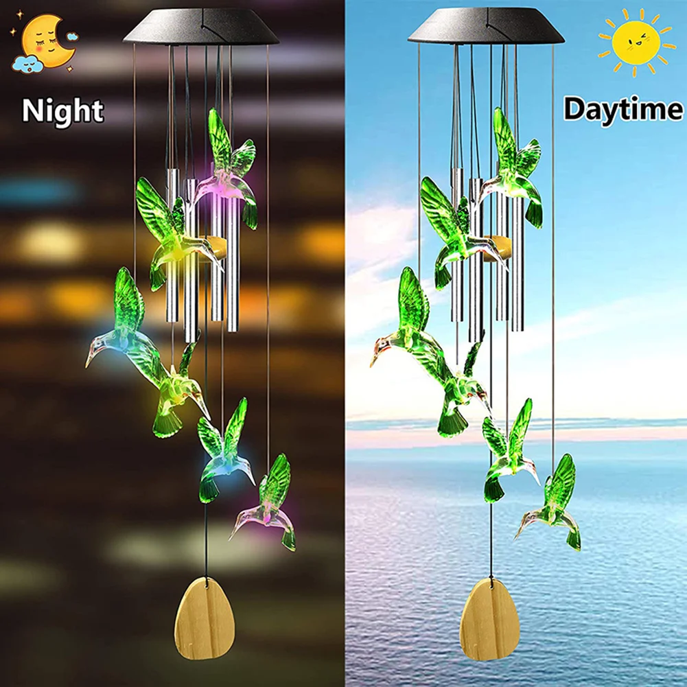 Colorful LED Solar Light Outdoor Wind Chime Hummingbird Pendant Lamps (A)