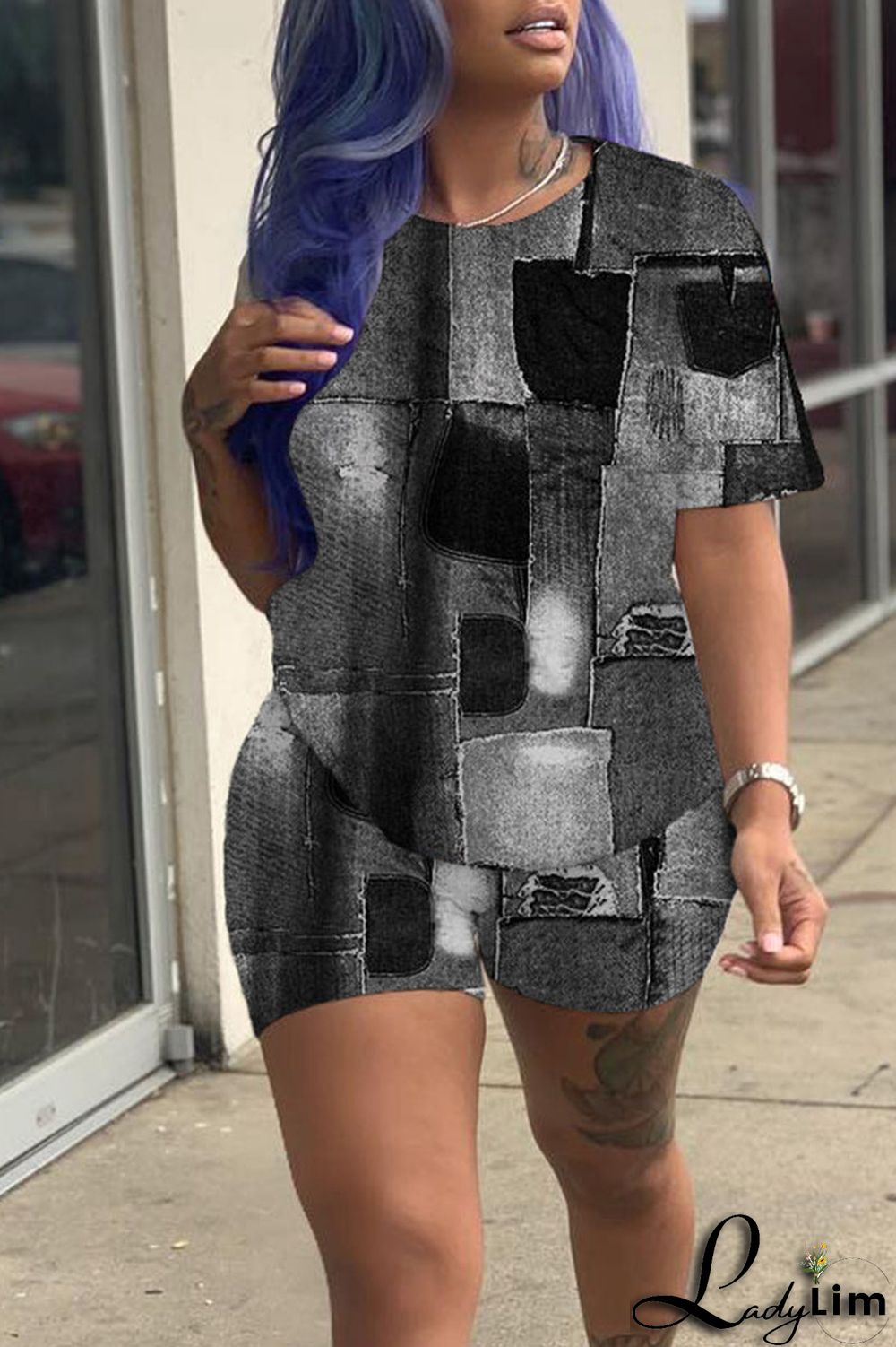 Black Casual Print Patchwork O Neck Short Sleeve Two Pieces