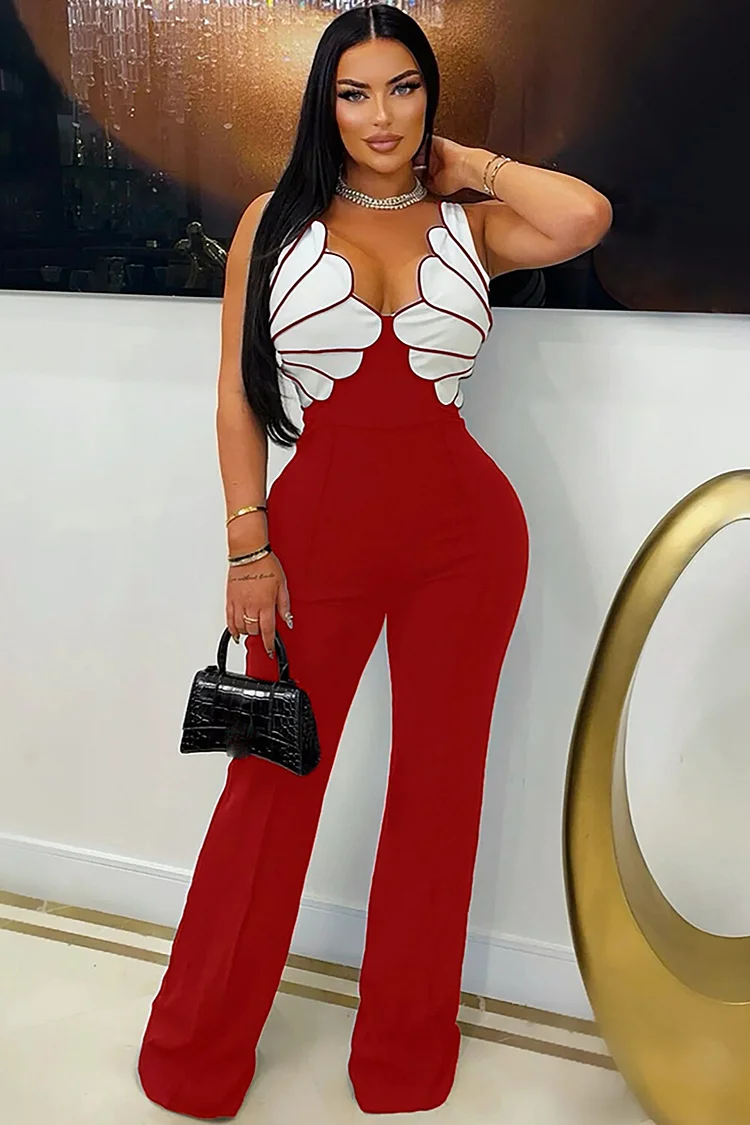 V Neck Colorblock Straight Leg Sleeveless Jumpsuit-Black