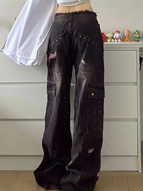 Brownm Punk Distressed Rivets Ripped Cargo Jeans