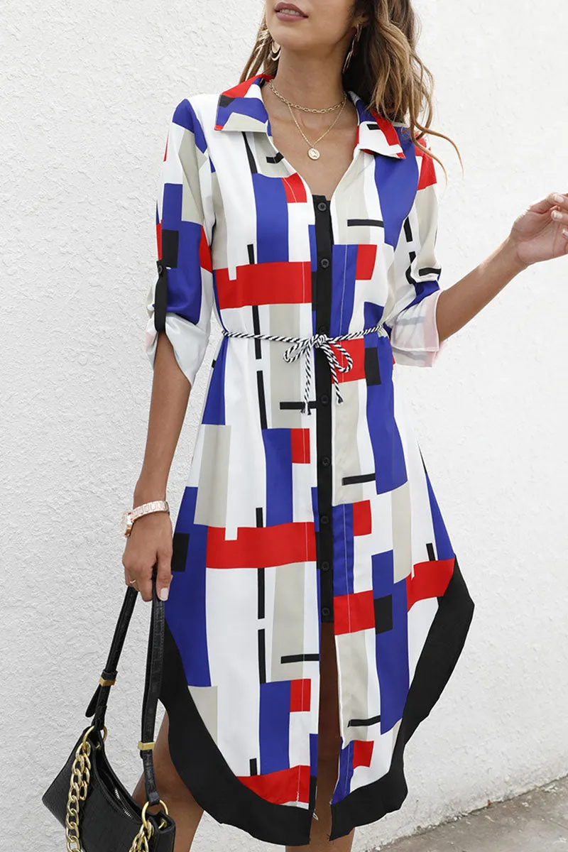 Fashion Street Print Split Joint Turndown Collar Irregular Dresses