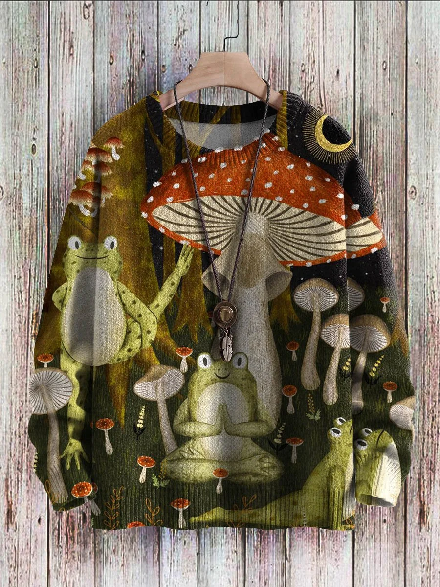 Vintage Cute Frog Yoga Mushroom Art Pattern Print Casual Knit Pullover Sweater