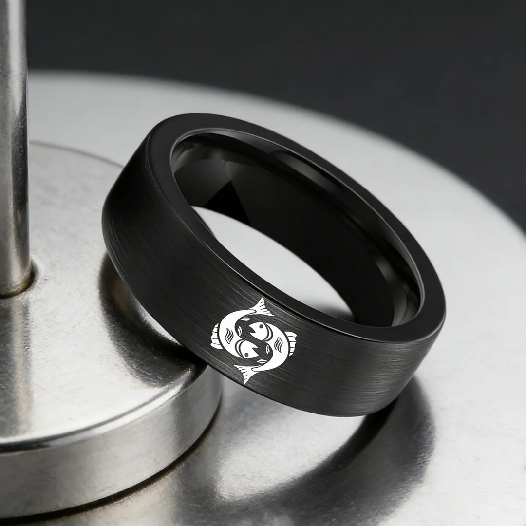 Pisces Tungsten Carbide Rings Black Flat Wedding Bands Comfort Fit Mens and Womens 4MM 6MM 8MM Width