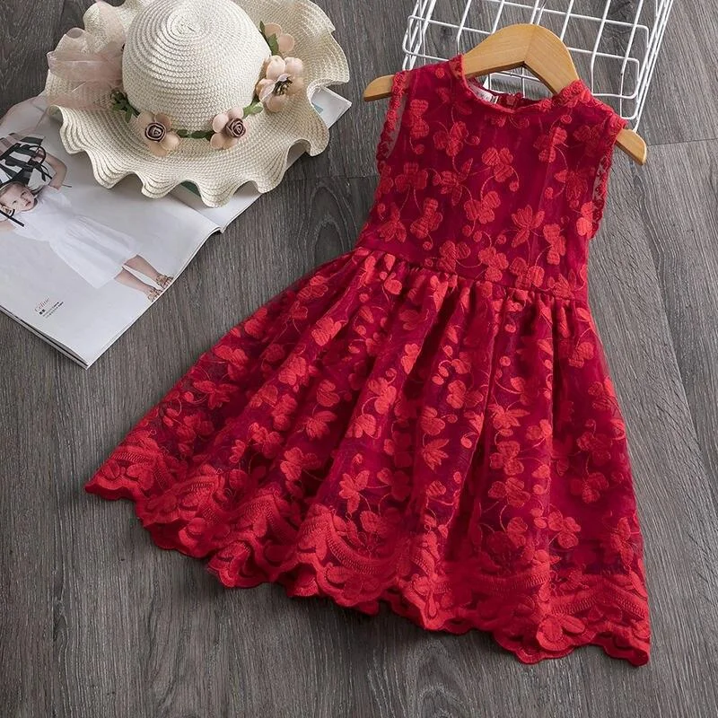 Girls Lace Dress Floral Flower Red Girls Clothes Lace Girls Casual Clothing Party Dress For 3-8 Years Christmas Girls Dress