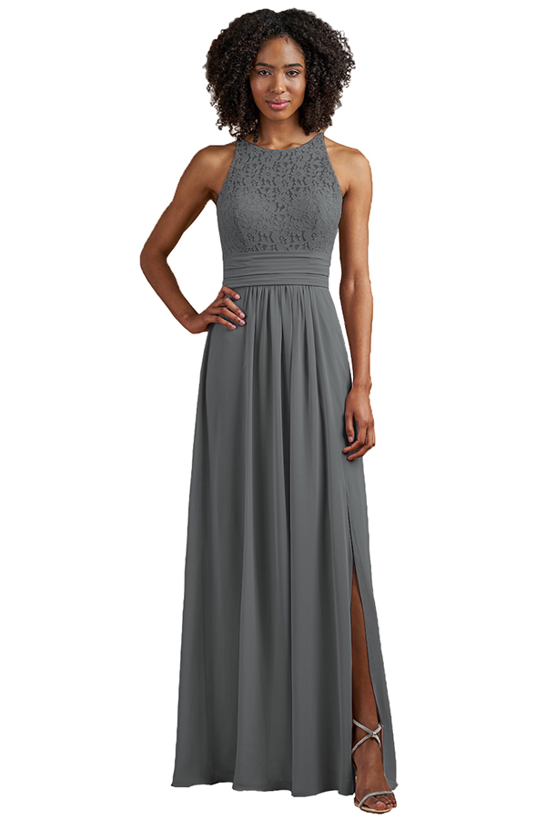 Halter Sleeveless Lace Slit Bridesmaid Dress