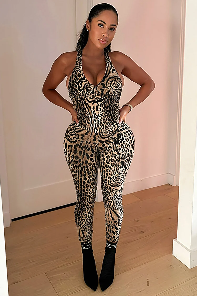 Leopard Print Plunge Neck Sleeveless Open Back Skinny Jumpsuit-Brown