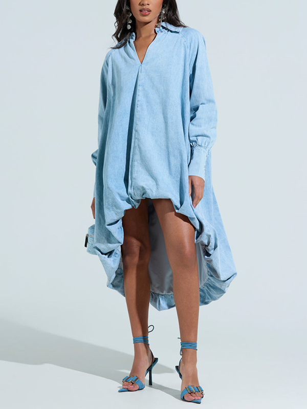 Oversized Fold-over Collar Long Button Cuff Sleeves Denim High-Low Dress