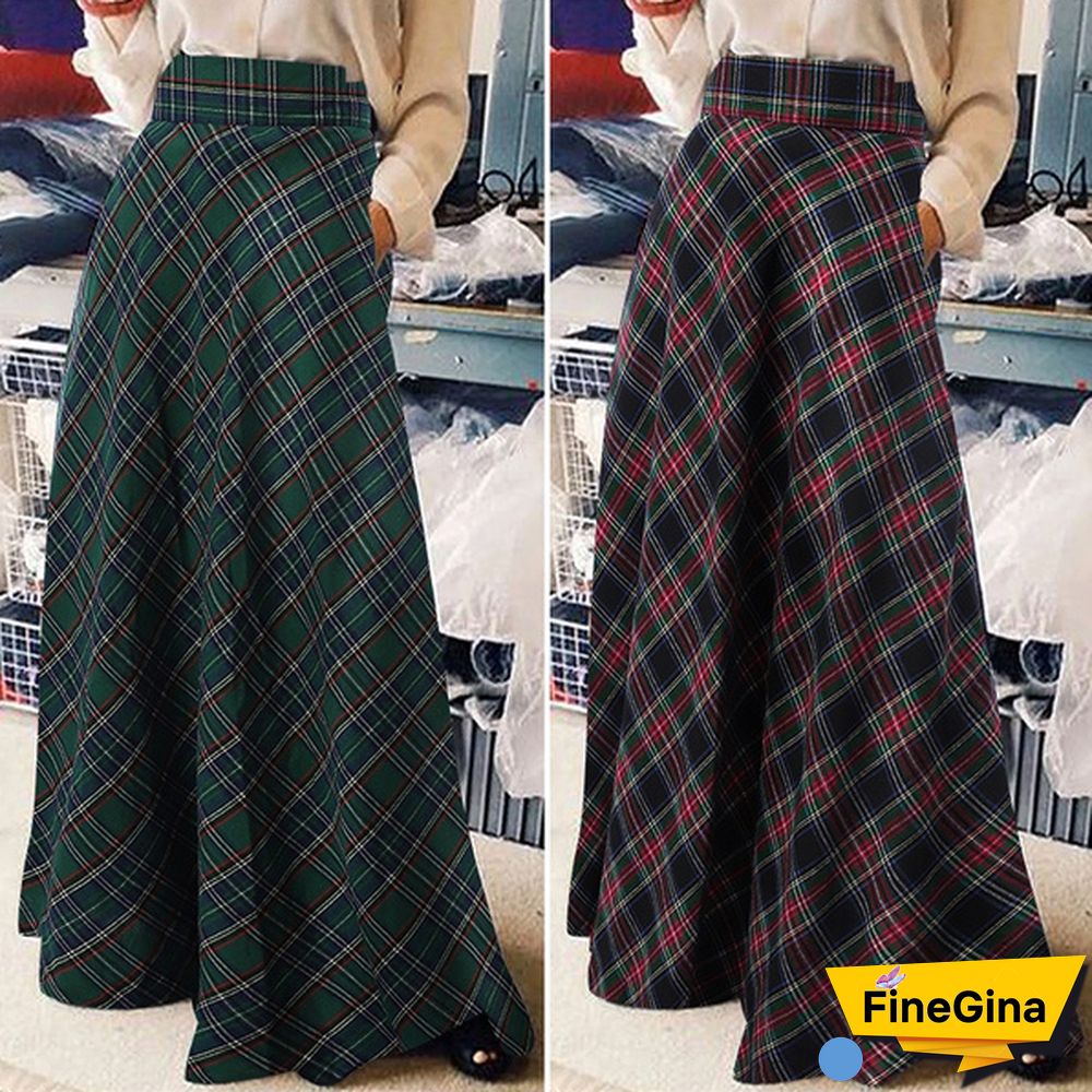 Summer Women Vintage A-Line Skirt Casual High Waist Plaid Checked Party Holiday Maxi Long Skirts