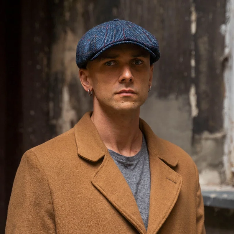 SHELBY Harris Tweed Genuine Scottish 8 Panels Newsboy PEAKED  Cap Applejack Bandit Hooligan Gangster Wool Ivy League Hat BLUE-RED