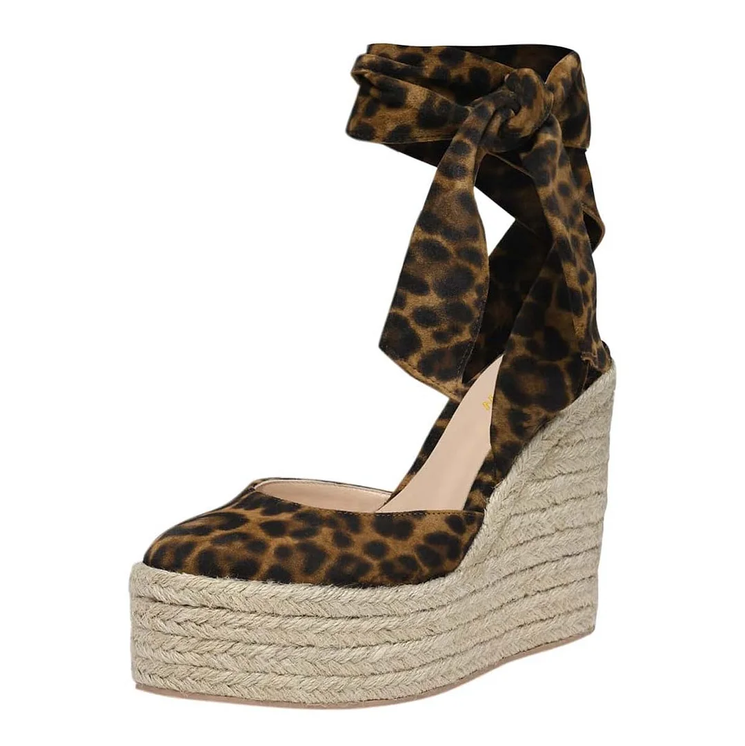 Leopard Print Round Toe Ankle Strap Platform Espadrille Sandals