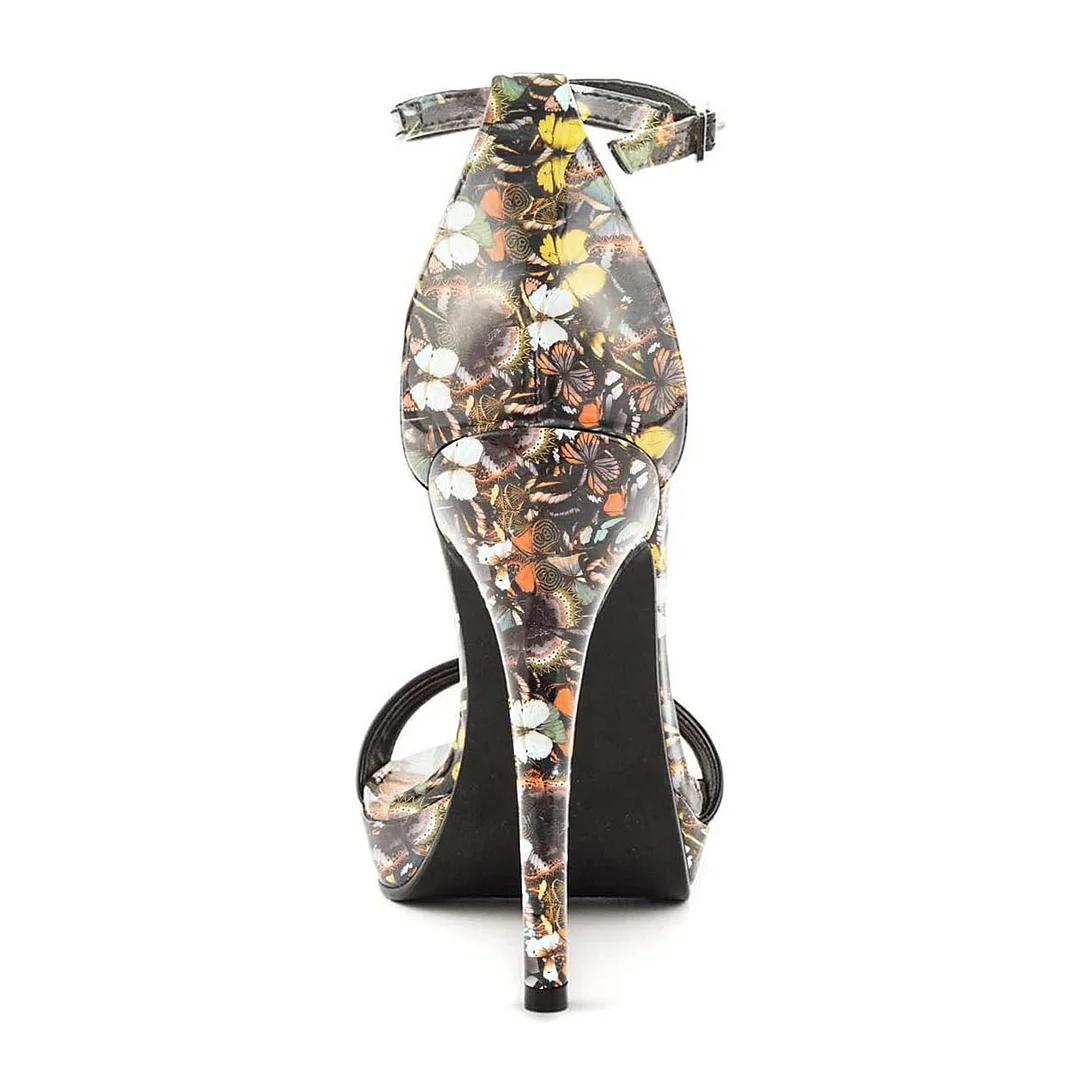 Butterfly Print Stiletto Heels Buckle Strap Open Toe Women Sandals