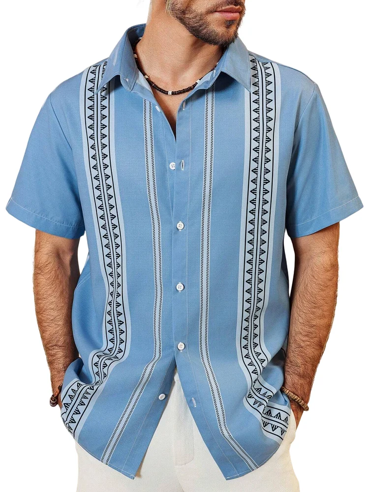 Men's Retro Ethnic Stripe Print Short Sleeve Shirt