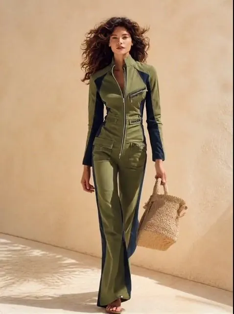 Women's Utility-Style Olive Green & Navy Contrast Zip-Front Long-Sleeve Wide-Leg Jumpsuit MD
